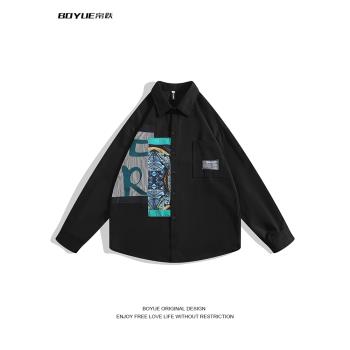 BOYUE帛躍oversize拼接印花翻領襯衫ins時尚潮牌設計感襯衣外套男