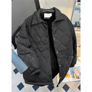 黑色菱格翻領羽絨棉服外套男女冬季夾棉加厚休閑寬松羊羔絨棉襖