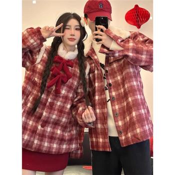 情侶裝冬季過年紅色聖誕格子棉服外套加絨加厚2024新款潮流高階感