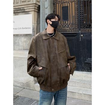 復古美式翻領扎染pu皮夾克男女春秋新款寬松棕色炸街機車服皮外套