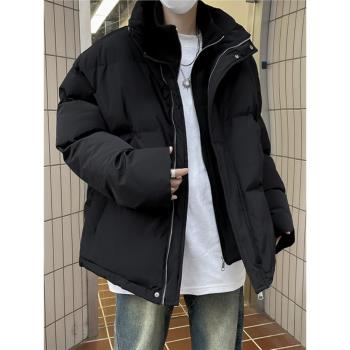 假兩件黑色棉衣男士冬季寬松立領羽絨棉服加厚潮流高街麵包服外套