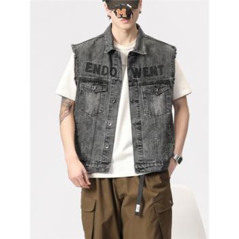 高階刺繡牛仔馬甲男寬松工裝夾克外套潮牌毛邊無袖坎肩大碼上衣服