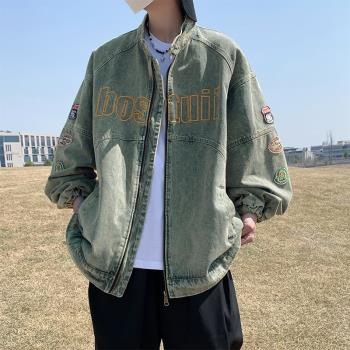 港風復古嘻哈徽章刺繡做舊牛仔夾克男女潮牌寬松情侶工裝帥氣外套
