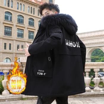 羊羔絨外套男秋冬季加絨加厚中長款棉服韓版帥氣初高中學生棉衣潮