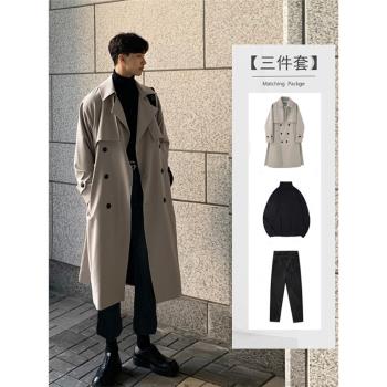 風衣男中長款春秋季韓版潮流過膝外套寬松休閑套裝英倫雙排扣大衣
