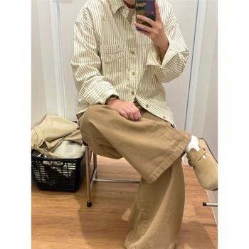 春季日系條紋長袖休閑襯衫男款復古簡約高階感寬松百搭開衫外套潮