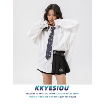 KKyesiou美式復古潮牌白色長袖襯衫男女oversize提花暗紋情侶外套