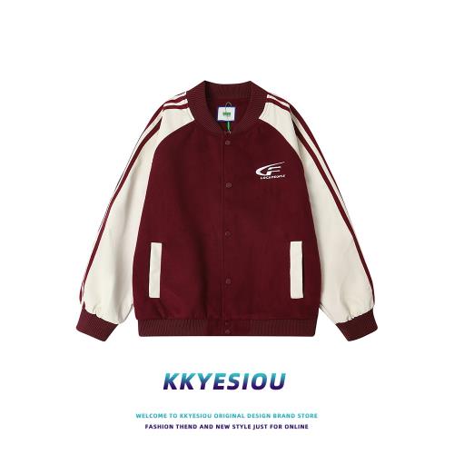 KKyesiou美式復古潮牌紅色學院風外套男女運動百搭情侶棒球服夾克
