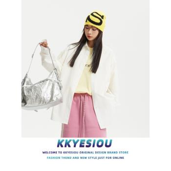 KKyesiou美式復古潮牌學院風長袖襯衫男女oversize情侶白色薄外套