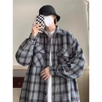 春季襯衫男長袖日系格子呢料港味休閑chic加厚休閑寬松襯衣外套潮