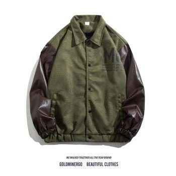 美式vintage鹿皮絨棒球服外套男女春秋季寬松痞帥拼接飛行夾克衫