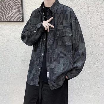 日系工裝襯衫男長袖痞帥寬松休閑復古襯衣春秋暗黑系格子牛仔外套