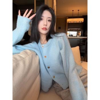 小個子藍色慵懶風浣熊絨毛衣外套女秋冬季羊毛針織開衫高階感上衣