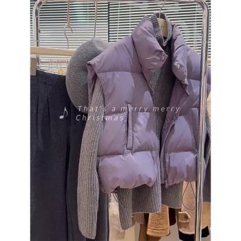 韓系高階感超好看的夾棉外套加厚棉襖女秋冬紫色無袖羽絨棉服馬甲