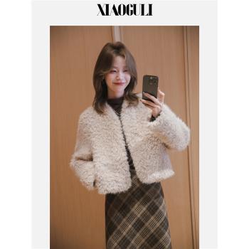 小穀粒仿皮毛一體短外套女2024冬新款氣質簡約V領加厚超好看上衣
