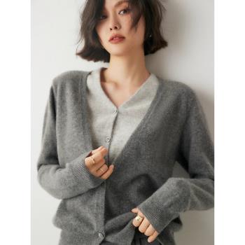 法式復古灰色v領羊毛加厚針織衫毛衣外套女秋冬季假兩件開衫上衣