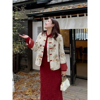 張屁屁大碼女裝新中式提花旗袍連衣裙胖mm小香風外套訂婚禮服套裝