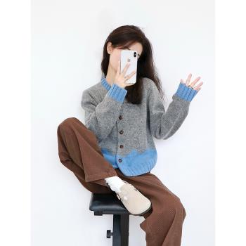 2024年新款撞色設計感小眾開衫毛衣外套女秋冬小個子羊毛針織上衣
