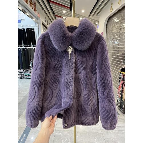 洋氣媽媽裝大毛領短款錦繡貂皮毛一體外套中老年高貴時尚保暖上衣