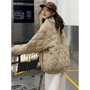 2024新款菱格棉服寬松棉衣加厚棉襖冬季ins學院風棒球設計外套女