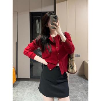 安可拉紅韓系法式復古羊絨加厚開衫毛衣外套女秋冬小個子針織上衣