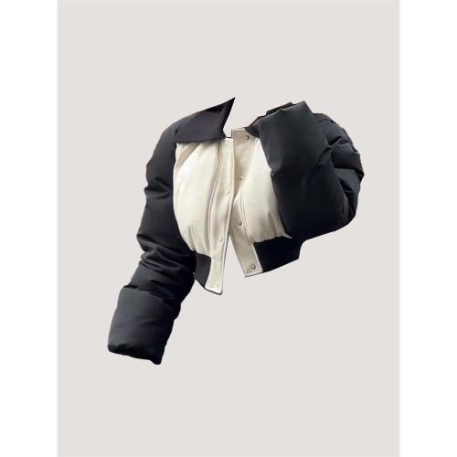 韓版拼色單排扣短款設計感棉服冬季保暖面包服高級感修身棉衣外套