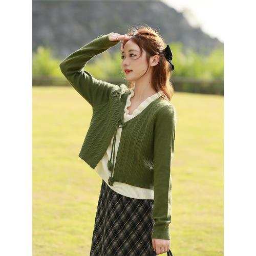 素色左岸綠色短款修身假兩件針織開衫女2026春季新款麻花毛衣外套