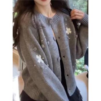 花朵針織開衫毛衣外套女秋冬季2024新款大碼胖mm時尚洋氣顯瘦上衣