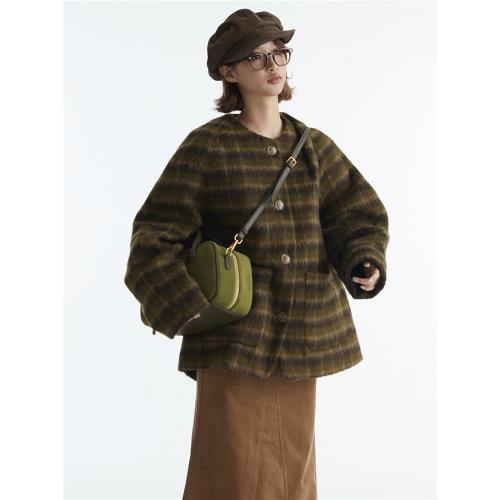 PABO笨狗圣誕來信復古棕綠格紋繭型夾棉毛呢外套秋冬新品呢大衣女