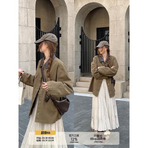 烏77初秋重磅撞色拼接PU皮翻領牛仔外套女寬松百搭工裝風夾克上衣