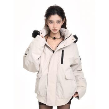 美式工裝毛領連帽沖鋒衣棉服外套女春秋高階感加厚保暖派克服上衣