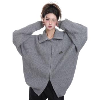 美式重磅灰色雙拉鏈polo翻領毛衣女春秋款慵懶高階感針織開衫外套