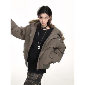美式加厚保暖連帽毛領短款棉服女2024年新款冬高階感工裝棉衣外套