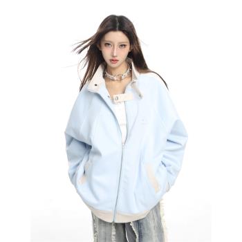 美式立領麂皮絨開衫夾克女秋冬款高級感刺繡學院風棒球服拉鏈外套
