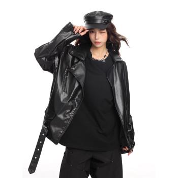 美式黑色設計感pu皮衣外套女春秋款oversize高階感機車服夾克上衣