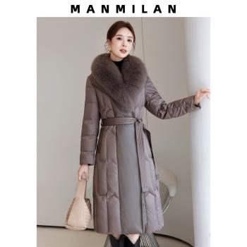 赫本風高階鵝絨服2024冬季新款狐貍毛領海寧皮草羽絨服外套大衣女