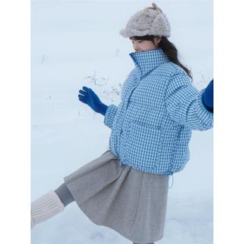 正反兩穿可拆卸帽白鴨絨短款立領格子羽絨服女寬松加厚外套秋冬