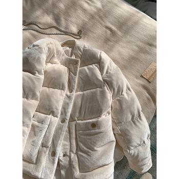 奶油白小香絲絨羽絨服女短款2024冬新款寬松白鴨絨麵包服絨面外套