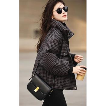 千鳥格黑色短款羽絨棉服女2024冬季新款立領加厚顯瘦百搭氣質外套