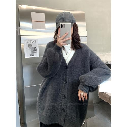 V領水貂絨毛衣外套女秋冬慵懶高級感外衣溫柔風寬松顯瘦針織開衫