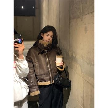 alex stevens 皮毛一體短款機車服寬松加絨加厚羊羔毛外套女冬季