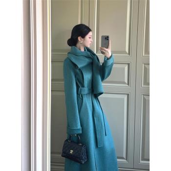 雙面羊絨大衣女2024年新款高階感氣質名媛長款藍色圍巾領毛呢外套