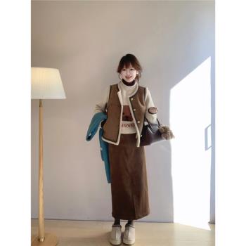 美拉德復古羊羔毛馬甲外套女秋冬美式慵懶風坎肩無袖圓領背心上衣