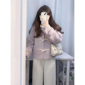 紫色小香風牛角扣羊毛呢外套短款呢子大衣外套女秋冬高階感