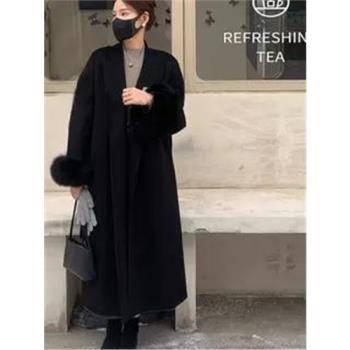 【特價】反季雙面羊絨大衣女中長款加長黑色狐貍毛袖口羊毛呢外套