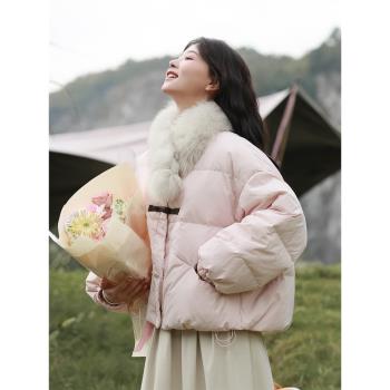 素色左岸國風毛毛領高級感超好看羽絨服女冬季加絨加厚白鴨絨外套