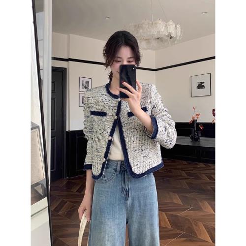 小香風牛仔包邊短款外套女2026春季氣質小個子圓領粗花呢上衣夾克