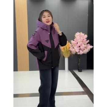 秋季時尚洋氣加肥加大女連帽拼色二棉沖鋒衣外套棉服寬松百搭保暖