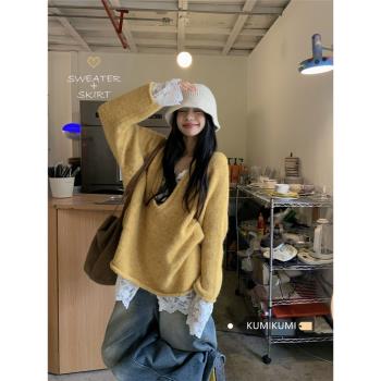 時尚休閑套裝內搭蕾絲打底衫女夏季小眾毛衣針織衫外套上衣兩件套