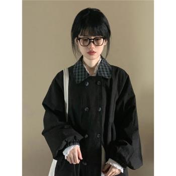 六月苒 格子翻領黑色風衣女秋小個子少女慵懶寬松中長款防風外套